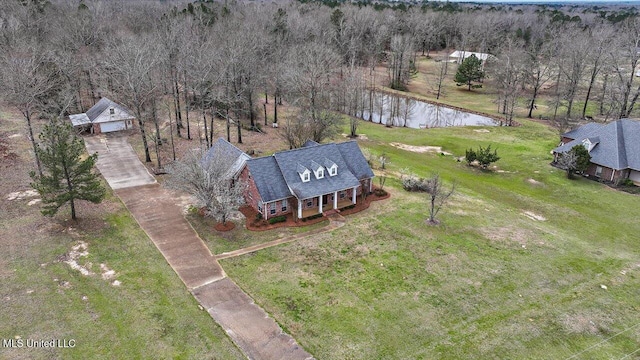 drone / aerial view featuring a water view