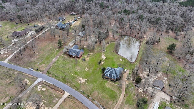 bird's eye view featuring a water view and a forest view