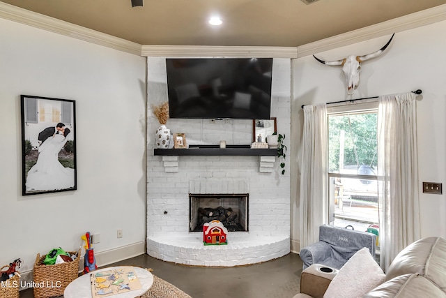 513 Willow Valley Cir, Brandon, MS 39047 - living area featuring ornamental molding, finished concrete floors, a brick fireplace, and recessed lighting