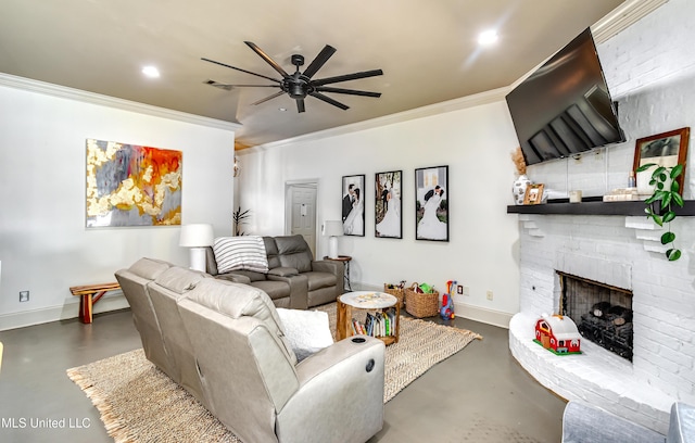 513 Willow Valley Cir, Brandon, MS 39047 - living room featuring concrete floors, a ceiling fan, crown molding, a fireplace, and recessed lighting