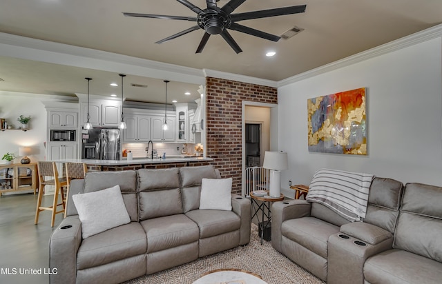 513 Willow Valley Cir, Brandon, MS 39047 - living area with crown molding, ceiling fan, and recessed lighting