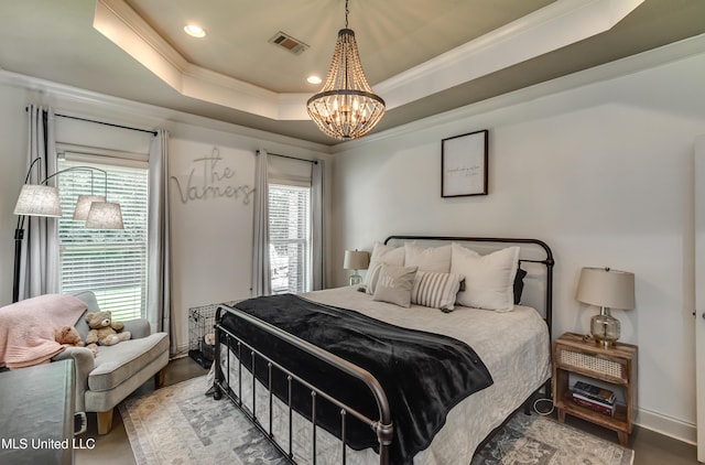 513 Willow Valley Cir, Brandon, MS 39047 - bedroom featuring crown molding, a chandelier, recessed lighting, a tray ceiling, and wood finished floors