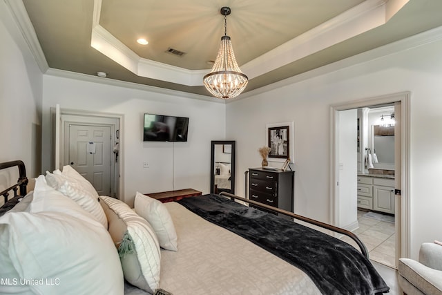 513 Willow Valley Cir, Brandon, MS 39047 - bedroom featuring crown molding, a chandelier, a raised ceiling, connected bathroom, and recessed lighting