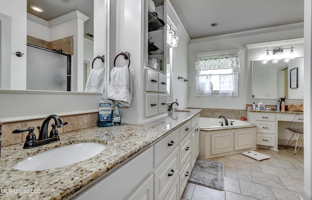 513 Willow Valley Cir, Brandon, MS 39047 - full bathroom with double vanity, a shower stall, a garden tub, and tile patterned flooring
