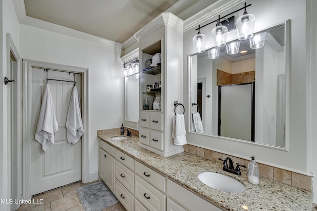 513 Willow Valley Cir, Brandon, MS 39047 - bathroom with a shower stall, double vanity, and ornamental molding