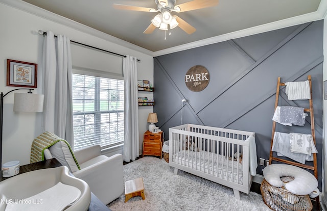 513 Willow Valley Cir, Brandon, MS 39047 - bedroom featuring a crib, a ceiling fan, and crown molding