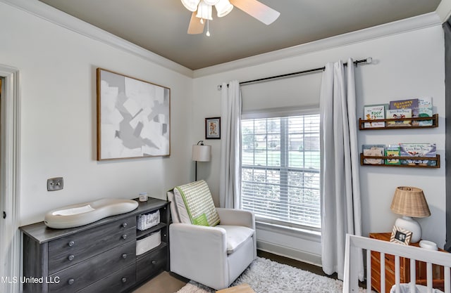 513 Willow Valley Cir, Brandon, MS 39047 - bedroom with crown molding and a ceiling fan