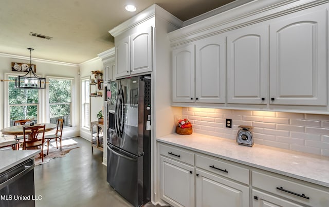513 Willow Valley Cir, Brandon, MS 39047 - kitchen with refrigerator with ice dispenser, stainless steel dishwasher, tasteful backsplash, white cabinetry, and ornamental molding