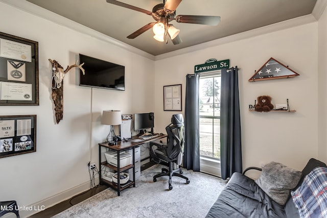 513 Willow Valley Cir, Brandon, MS 39047 - office space with ornamental molding, ceiling fan, and wood finished floors