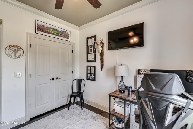 513 Willow Valley Cir, Brandon, MS 39047 - office with ceiling fan, wood finished floors, and crown molding