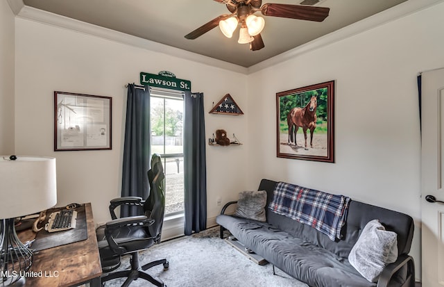 513 Willow Valley Cir, Brandon, MS 39047 - home office featuring carpet, ceiling fan, and crown molding