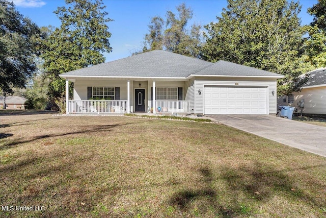 single story home with a porch, a garage, and a front lawn