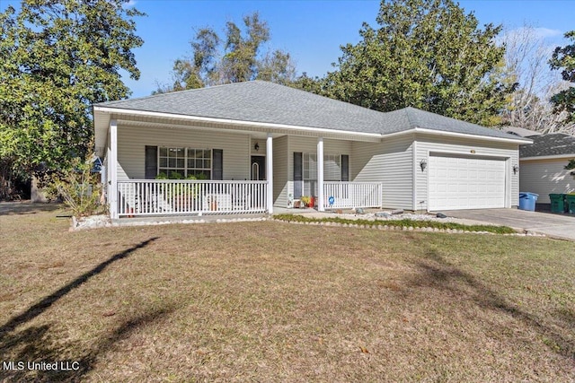 ranch-style home with a front yard, a porch, and a garage