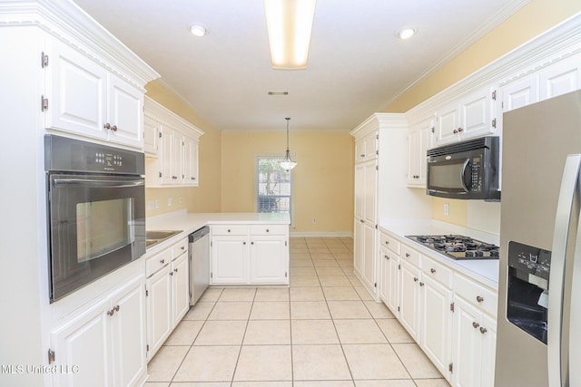 kitchen with kitchen peninsula, white cabinetry, and black appliances