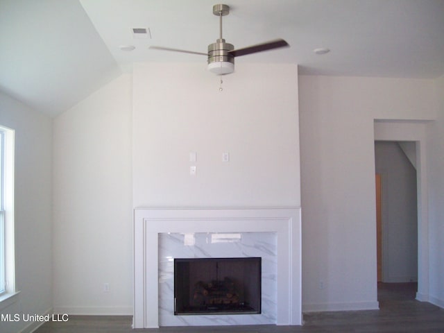 room details featuring ceiling fan, wood-type flooring, and a premium fireplace