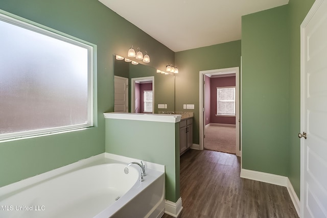 bathroom with vanity, a bathing tub, and hardwood / wood-style floors