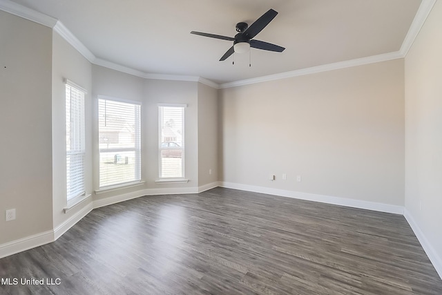 empty room featuring ornamental molding, dark hardwood / wood-style floors, and ceiling fan