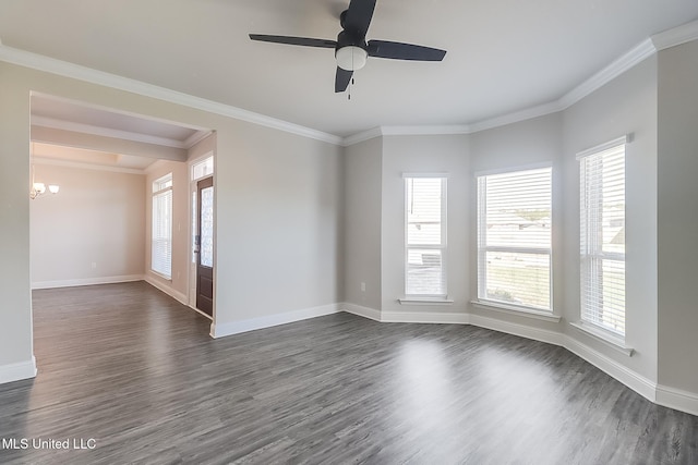 unfurnished room with crown molding, dark hardwood / wood-style floors, and ceiling fan with notable chandelier