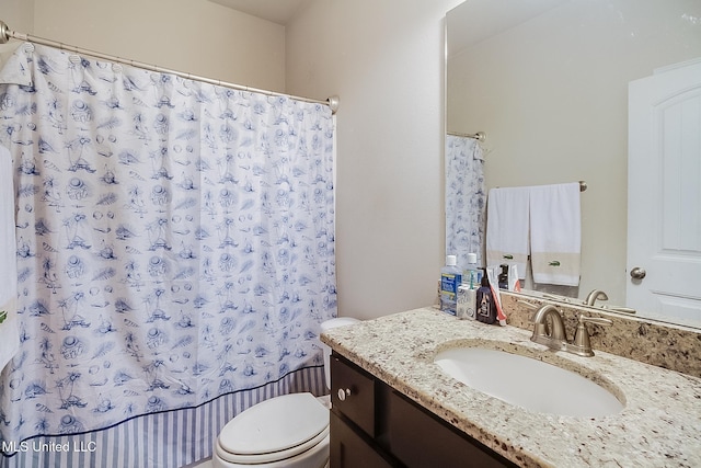 full bathroom featuring vanity, toilet, and shower / bathtub combination with curtain