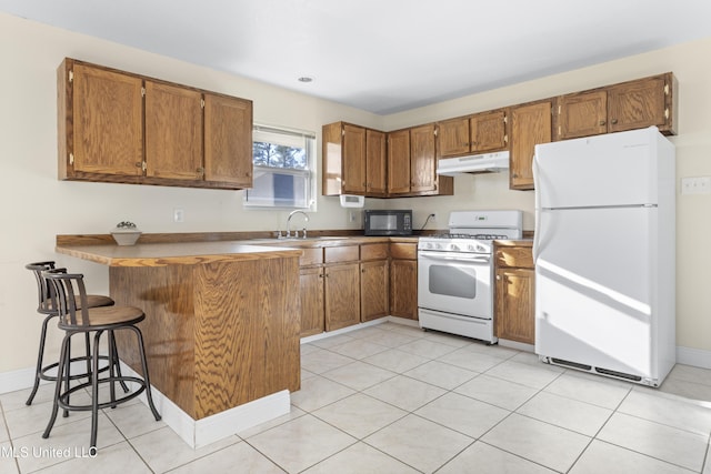 kitchen with white appliances, brown cabinetry, a peninsula, and under cabinet range hood