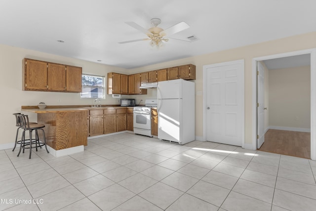 kitchen with under cabinet range hood, light tile patterned floors, brown cabinets, a peninsula, and white appliances