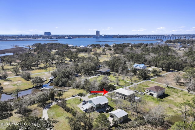 aerial view featuring a water view