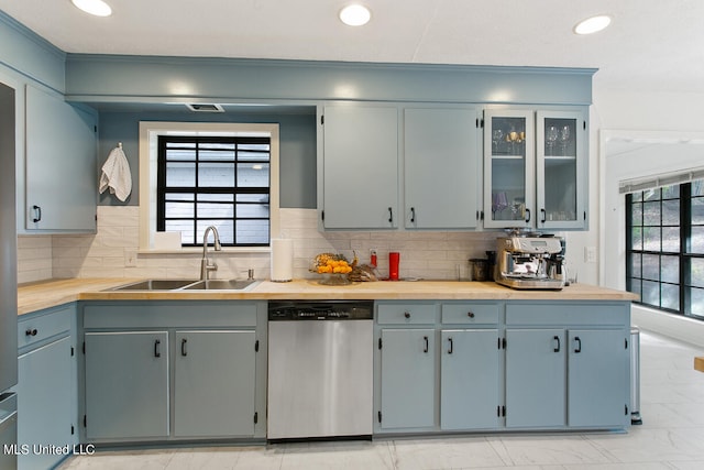 kitchen featuring sink, dishwasher, a healthy amount of sunlight, and tasteful backsplash