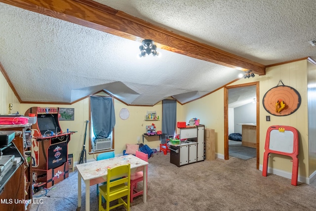 211 Traceway Dr, Natchez, MS 39120 - recreation room featuring a textured ceiling, crown molding, lofted ceiling, carpet, and cooling unit