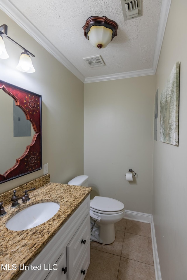 211 Traceway Dr, Natchez, MS 39120 - half bath featuring vanity, crown molding, tile patterned flooring, a textured ceiling, and electric panel
