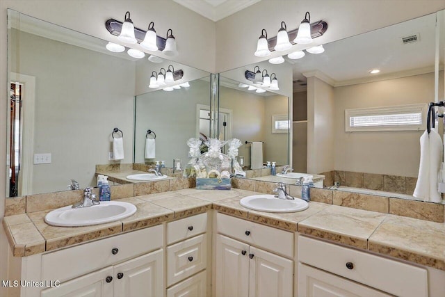 bathroom with crown molding and vanity