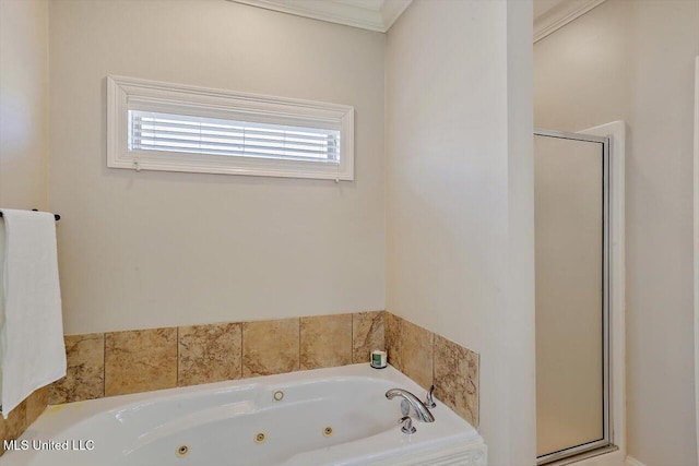 bathroom featuring shower with separate bathtub and crown molding