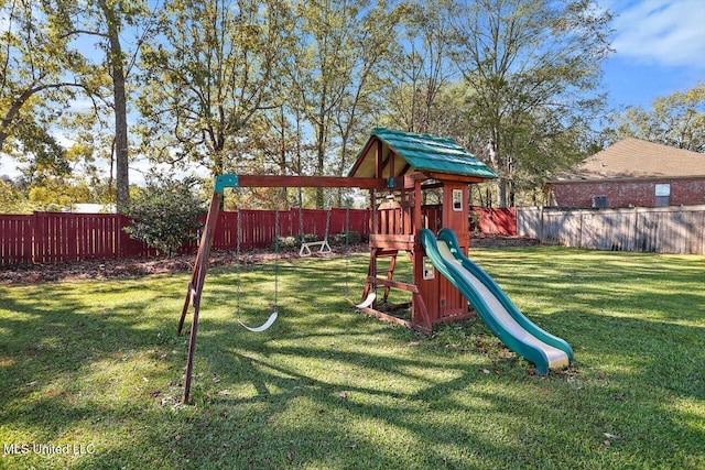 view of jungle gym featuring a yard