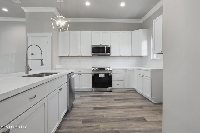 kitchen featuring stainless steel appliances, a sink, recessed lighting, ornamental molding, and wood finished floors