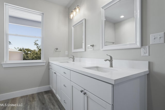 full bathroom featuring baseboards, wood finished floors, and double vanity