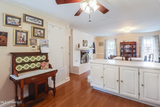 kitchen featuring ornamental molding, visible vents, white cabinetry, dark wood-style floors, and a ceiling fan