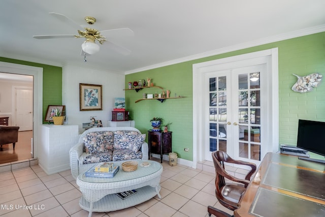 interior space with light tile patterned floors, french doors, crown molding, baseboards, and ceiling fan