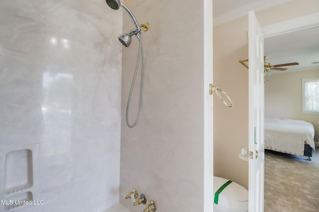 full bath with ceiling fan, toilet, a shower, and ornamental molding