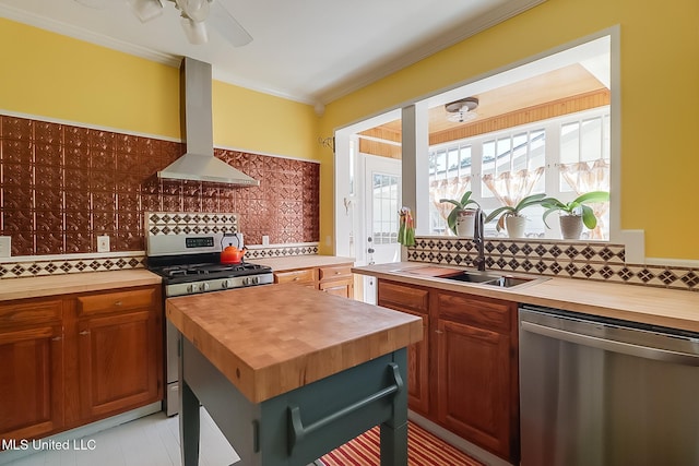 kitchen with sink, appliances with stainless steel finishes, butcher block counters, range hood, and a kitchen island