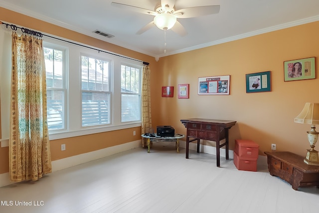 miscellaneous room featuring crown molding, ceiling fan, and hardwood / wood-style floors