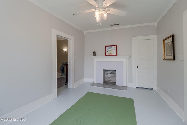 unfurnished living room with crown molding and ceiling fan