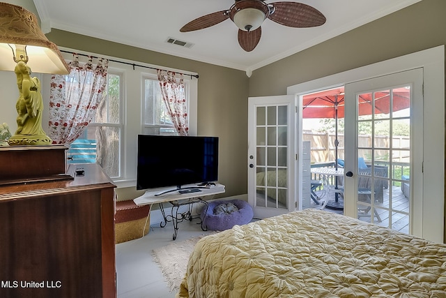 bedroom featuring crown molding, access to outside, french doors, and ceiling fan