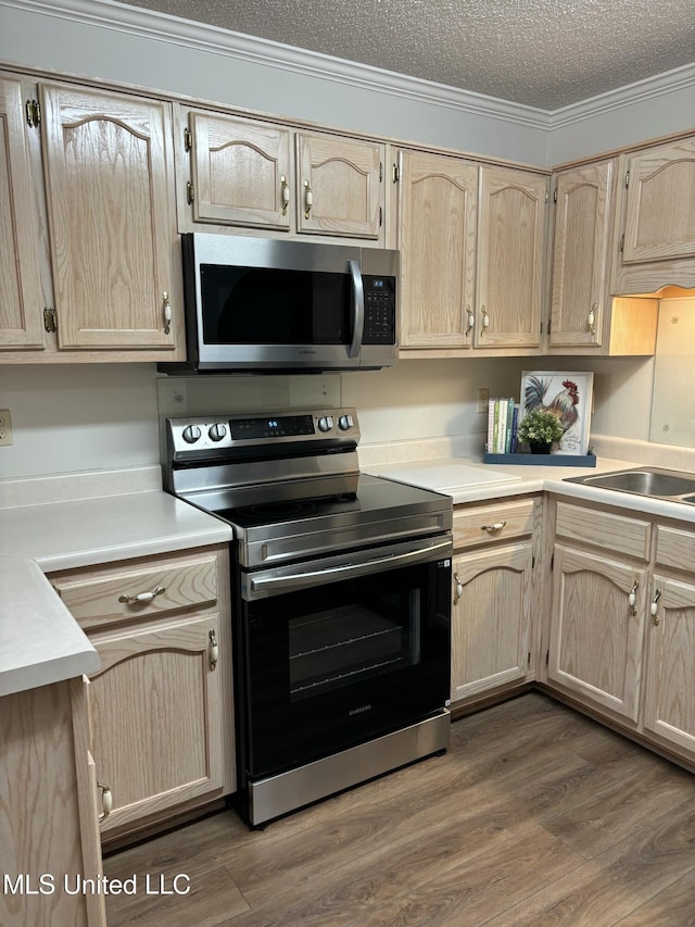 kitchen with appliances with stainless steel finishes, light brown cabinets, a sink, light countertops, and a textured ceiling