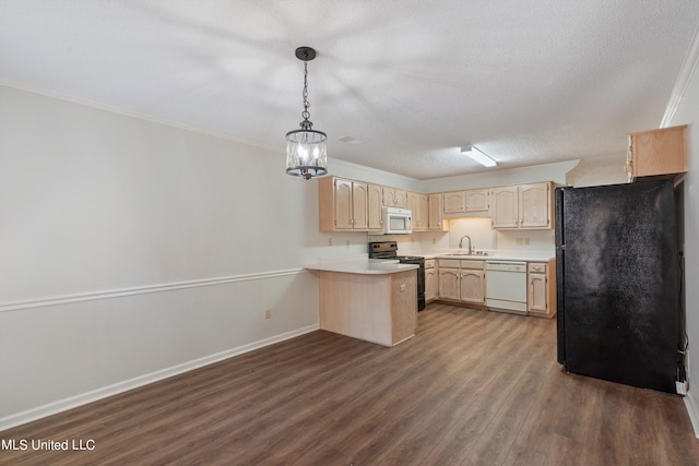 kitchen with black appliances, a peninsula, dark wood-type flooring, light brown cabinetry, and light countertops