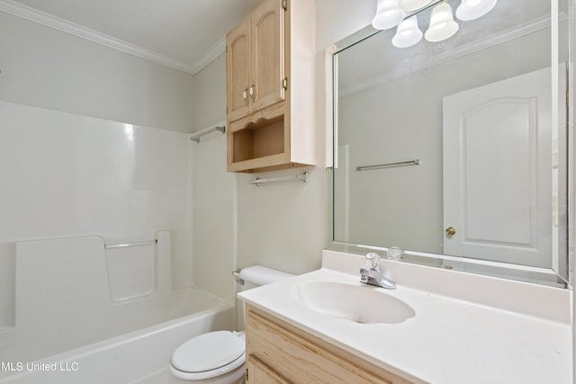 full bathroom featuring vanity, tub / shower combination, crown molding, and toilet