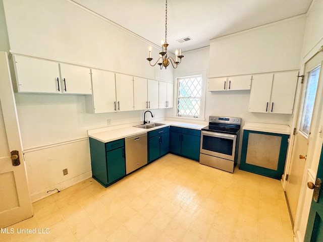 5228 Old Hwy 49, Clarksdale, MS 38614 - kitchen with stainless steel appliances, a sink, a chandelier, and white cabinetry
