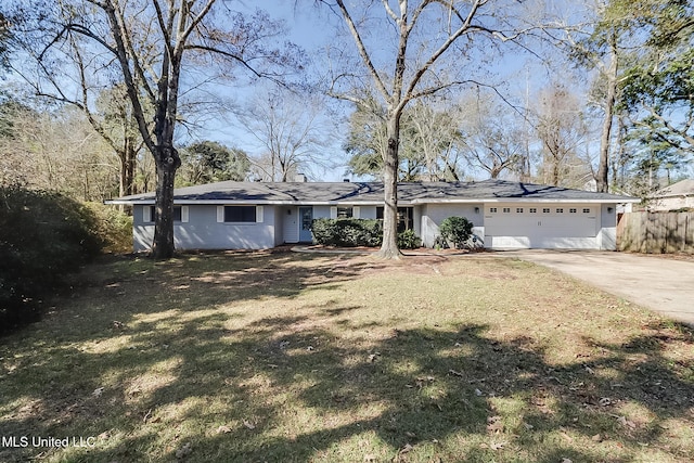 ranch-style home featuring a garage, a front yard, concrete driveway, and fence