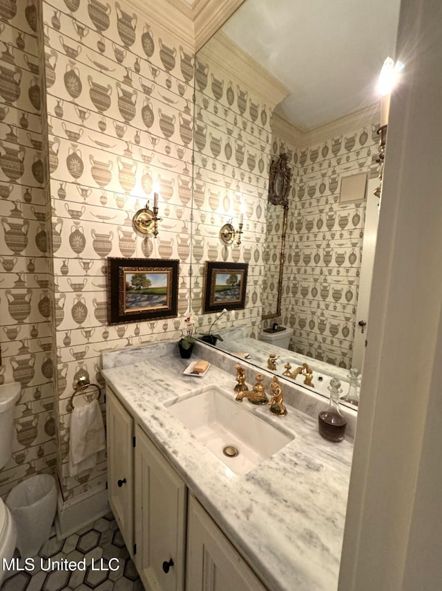 59 Dunbar Rd, Natchez, MS 39120 - bathroom featuring toilet, ornamental molding, tile patterned flooring, and vanity