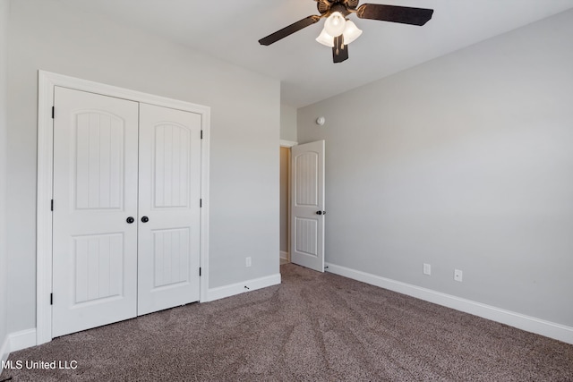 unfurnished bedroom featuring ceiling fan, carpet floors, a closet, and baseboards