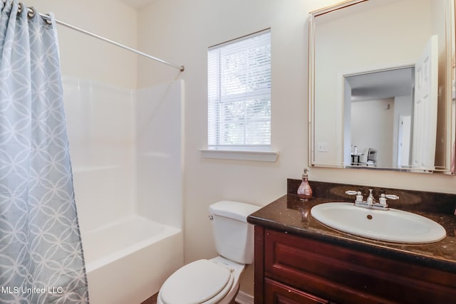 full bathroom with vanity, toilet, and shower / bathtub combination with curtain