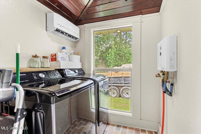 7101 Wayne Ln, Biloxi, MS 39532 - laundry room with a wall mounted AC, brick floors, and separate washer and dryer